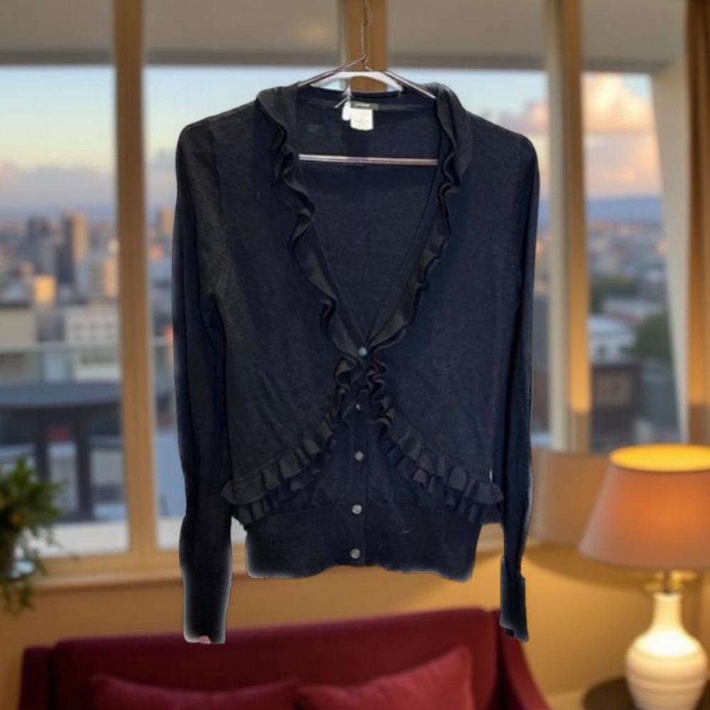 J. Crew Black wool with Ruffles from and back cardigan Size medium